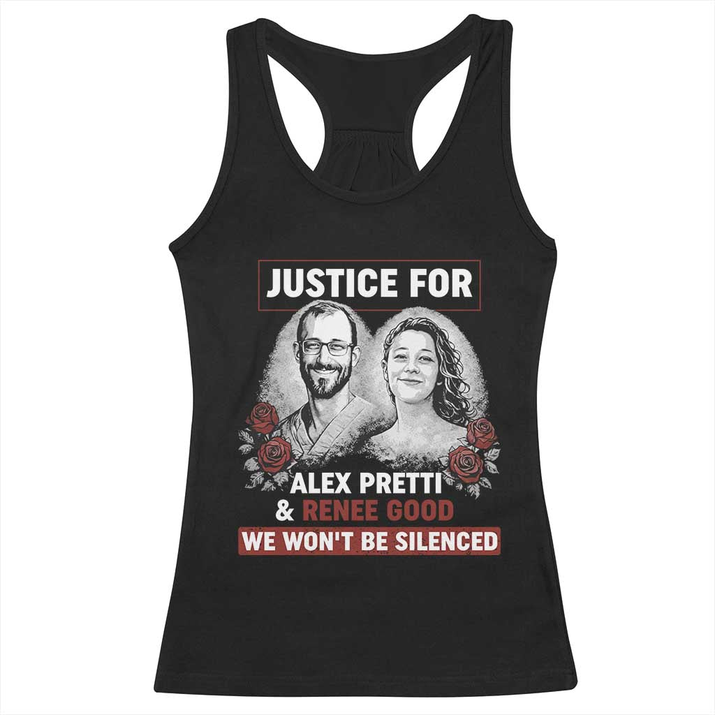 Justice for Alex Pretti and Renee Good Racerback Tank Top We Won’t Be Silenced Minnesota Resistance Protest TS02 Black Print Your Wear