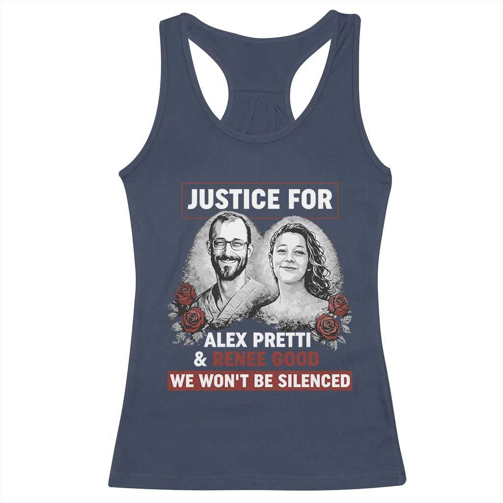 Justice for Alex Pretti and Renee Good Racerback Tank Top We Won’t Be Silenced Minnesota Resistance Protest TS02 Navy Print Your Wear