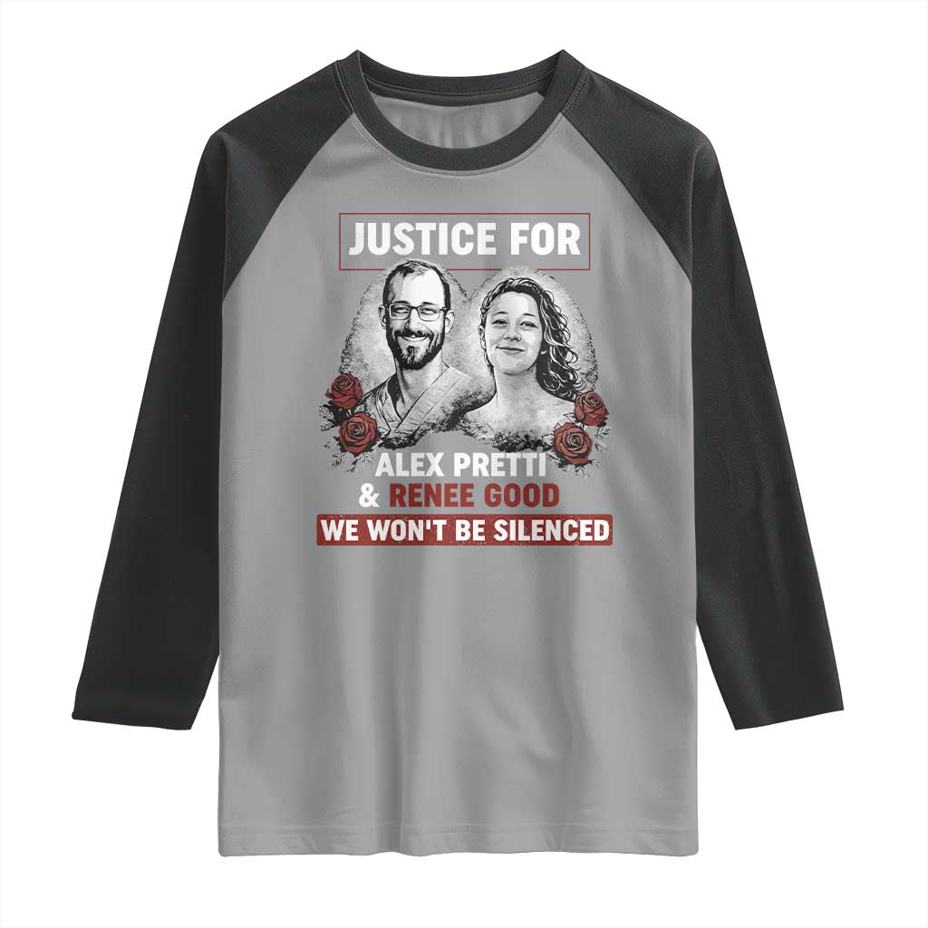 Justice for Alex Pretti and Renee Good Raglan Shirt We Won’t Be Silenced Minnesota Resistance Protest TS02 Sport Gray Black Print Your Wear