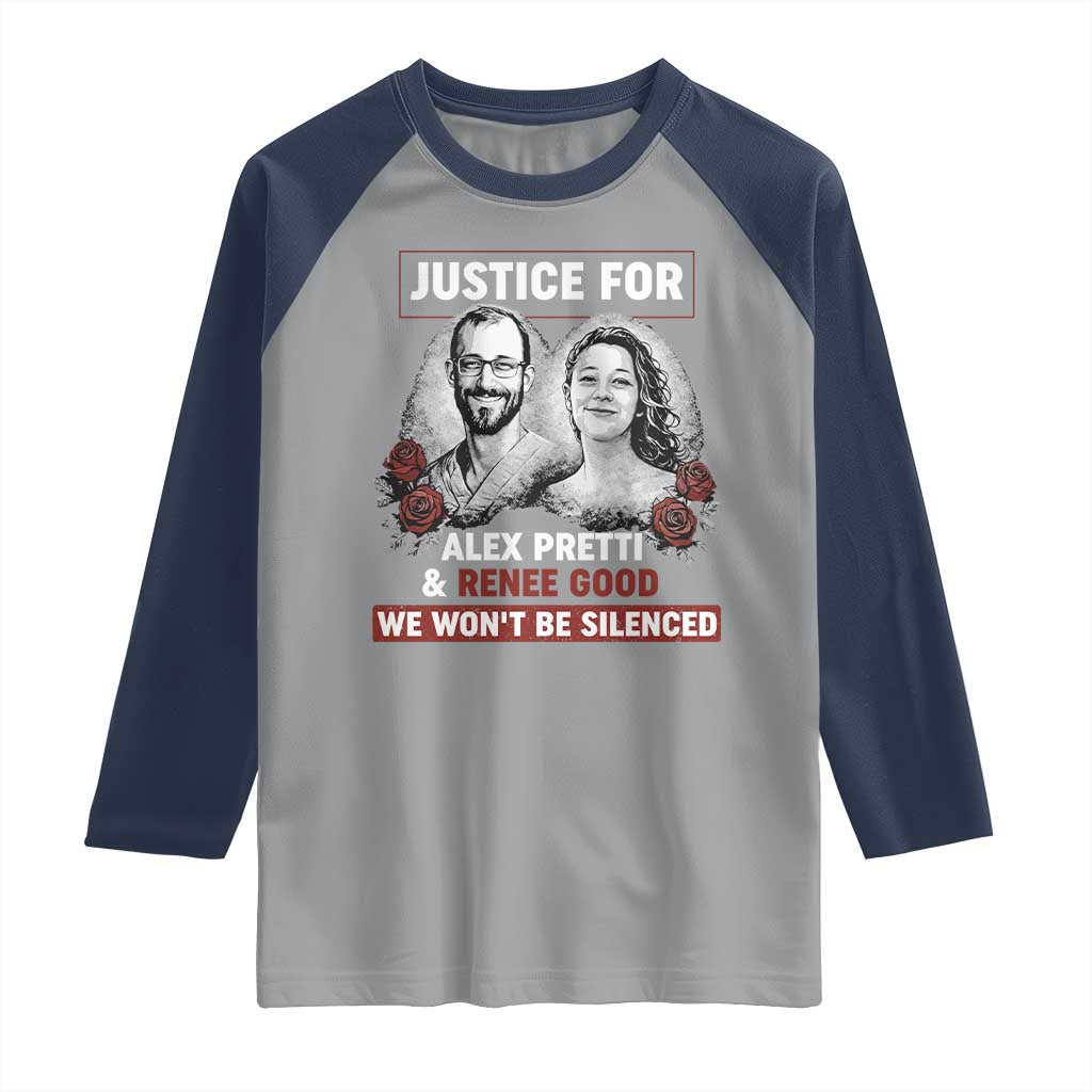 Justice for Alex Pretti and Renee Good Raglan Shirt We Won’t Be Silenced Minnesota Resistance Protest TS02 Sport Gray Navy Print Your Wear