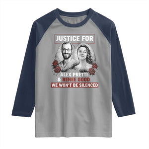 Justice for Alex Pretti and Renee Good Raglan Shirt We Won’t Be Silenced Minnesota Resistance Protest TS02 Sport Gray Navy Print Your Wear