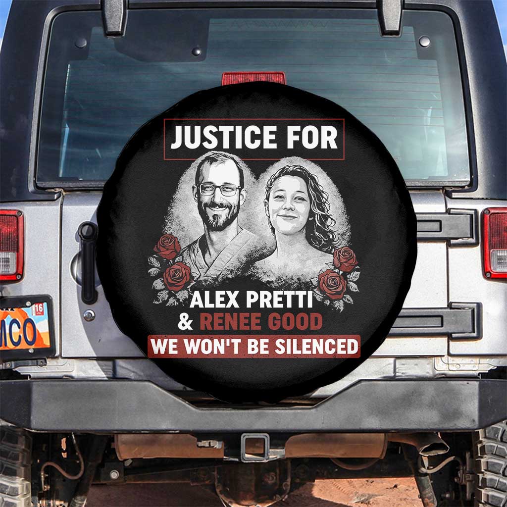 Justice for Alex Pretti and Renee Good Spare Tire Cover We Won’t Be Silenced Minnesota Resistance Protest TS02 No hole Black Print Your Wear