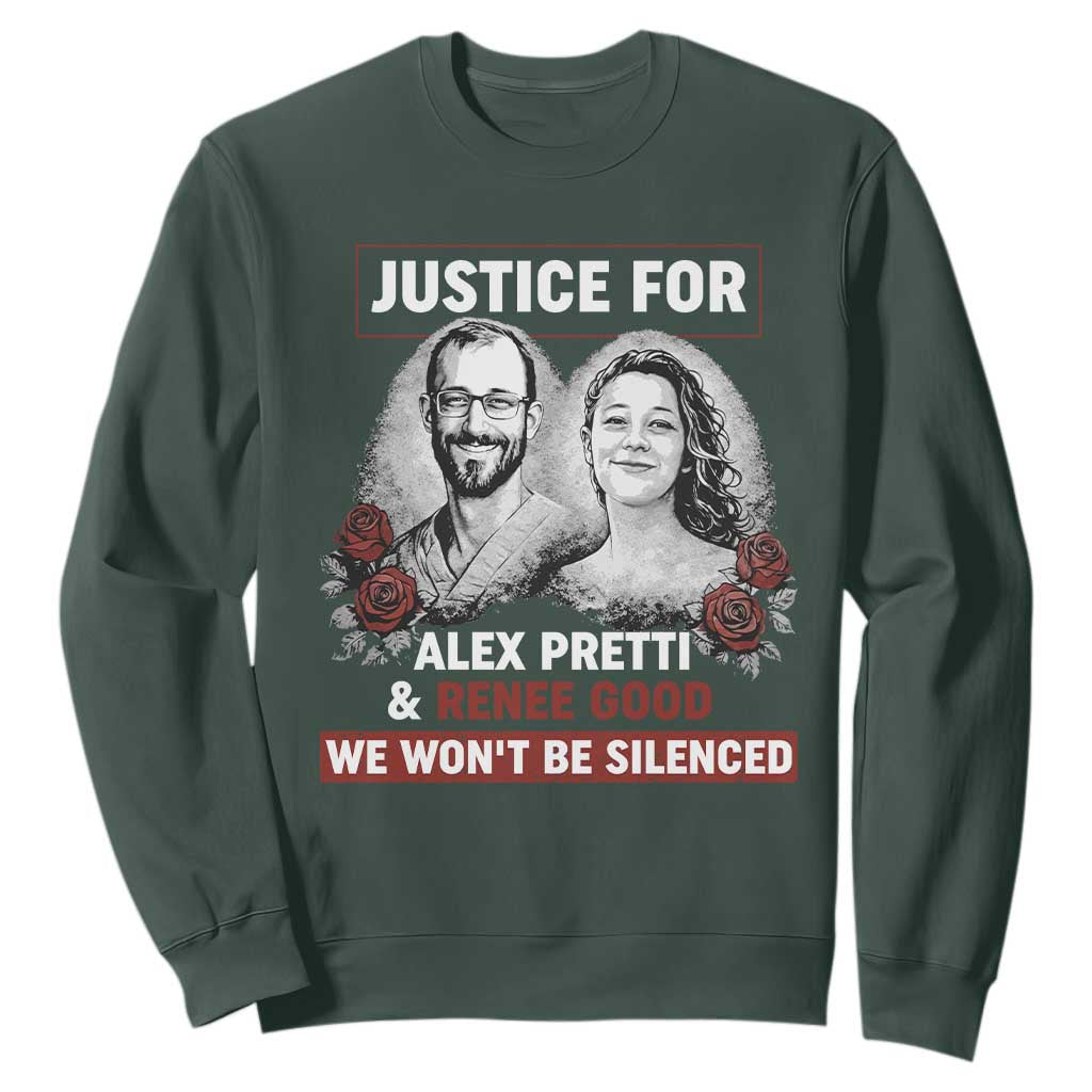 Justice for Alex Pretti and Renee Good Sweatshirt We Won’t Be Silenced Minnesota Resistance Protest TS02 Dark Forest Green Print Your Wear
