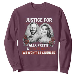 Justice for Alex Pretti and Renee Good Sweatshirt We Won’t Be Silenced Minnesota Resistance Protest TS02 Maroon Print Your Wear