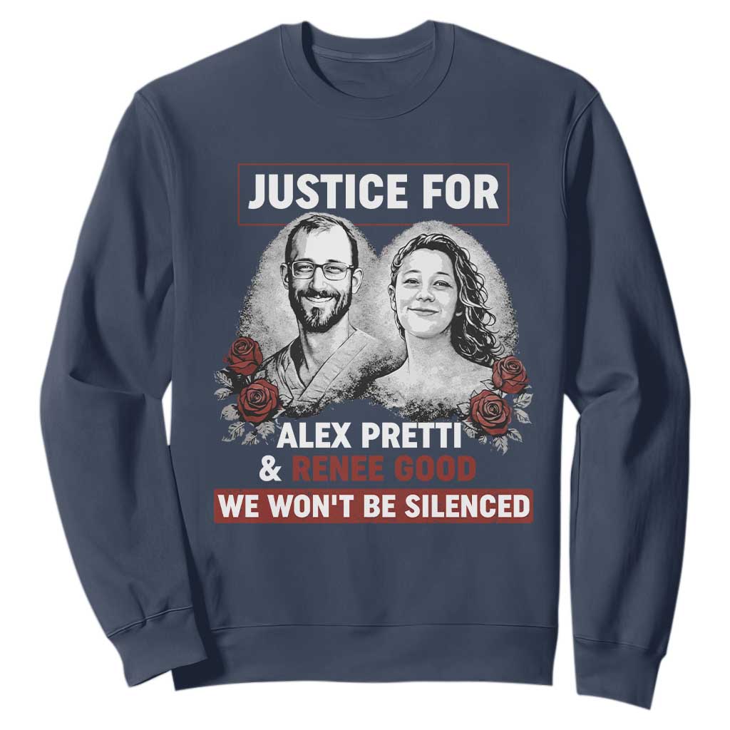 Justice for Alex Pretti and Renee Good Sweatshirt We Won’t Be Silenced Minnesota Resistance Protest TS02 Navy Print Your Wear