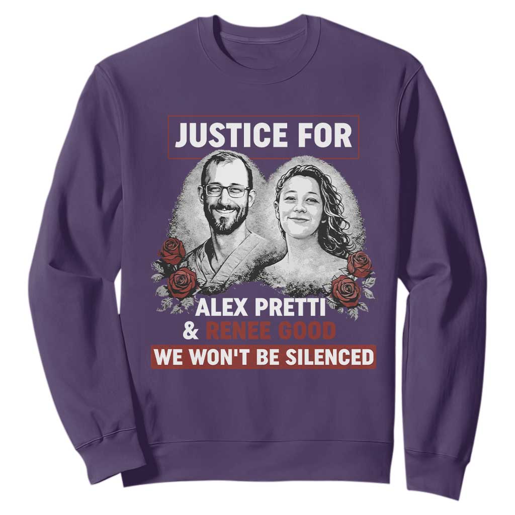 Justice for Alex Pretti and Renee Good Sweatshirt We Won’t Be Silenced Minnesota Resistance Protest TS02 Purple Print Your Wear