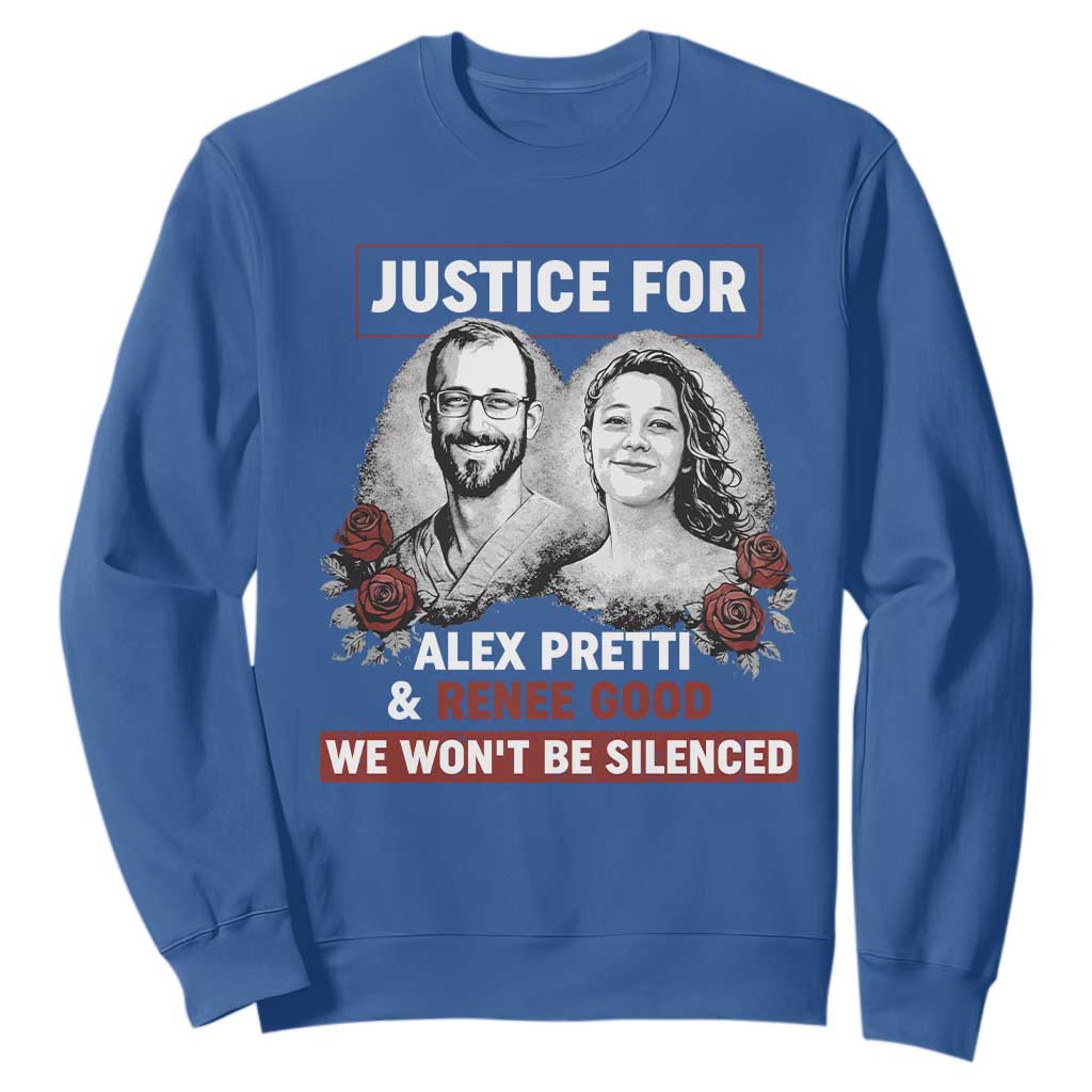 Justice for Alex Pretti and Renee Good Sweatshirt We Won’t Be Silenced Minnesota Resistance Protest TS02 Royal Blue Print Your Wear