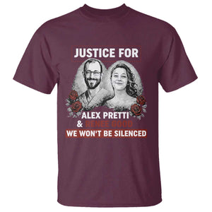 Justice for Alex Pretti and Renee Good T Shirt We Won’t Be Silenced Minnesota Resistance Protest TS02 Maroon Print Your Wear