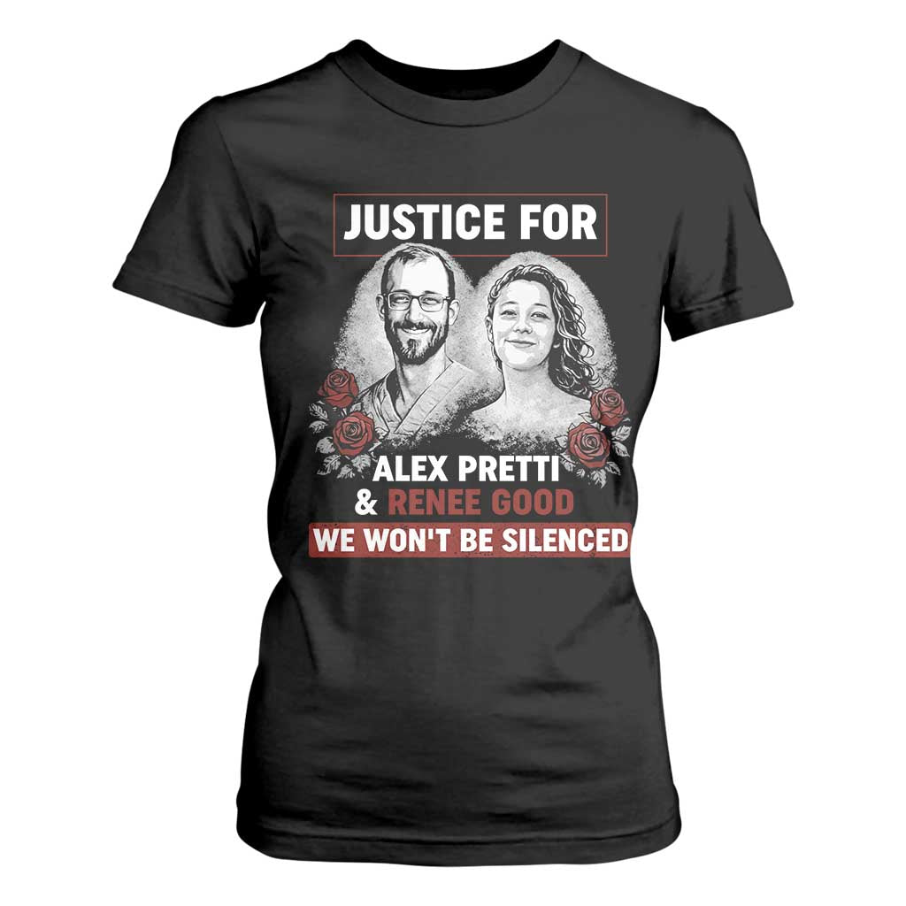 Justice for Alex Pretti and Renee Good T Shirt For Women We Won’t Be Silenced Minnesota Resistance Protest TS02 Black Print Your Wear
