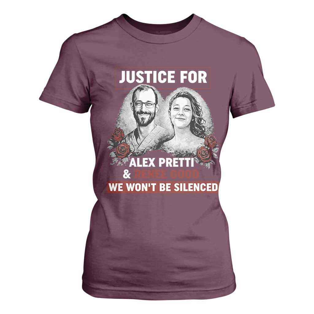 Justice for Alex Pretti and Renee Good T Shirt For Women We Won’t Be Silenced Minnesota Resistance Protest TS02 Maroon Print Your Wear