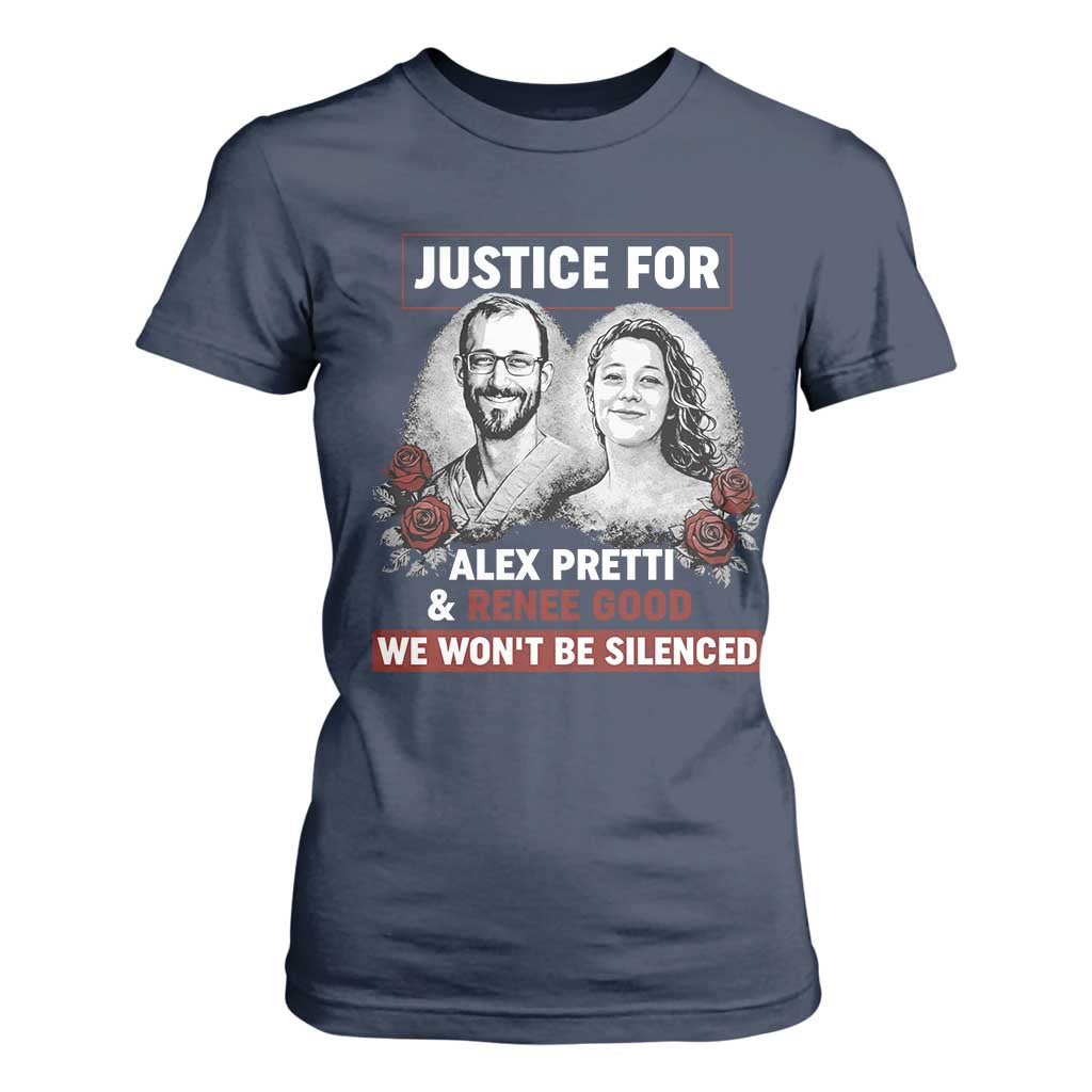 Justice for Alex Pretti and Renee Good T Shirt For Women We Won’t Be Silenced Minnesota Resistance Protest TS02 Navy Print Your Wear