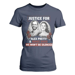 Justice for Alex Pretti and Renee Good T Shirt For Women We Won’t Be Silenced Minnesota Resistance Protest TS02 Navy Print Your Wear
