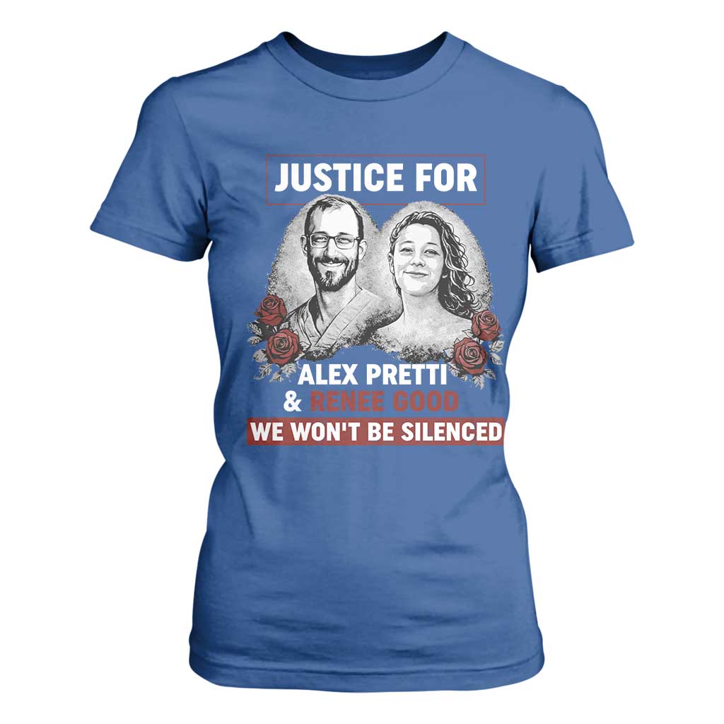 Justice for Alex Pretti and Renee Good T Shirt For Women We Won’t Be Silenced Minnesota Resistance Protest TS02 Royal Blue Print Your Wear