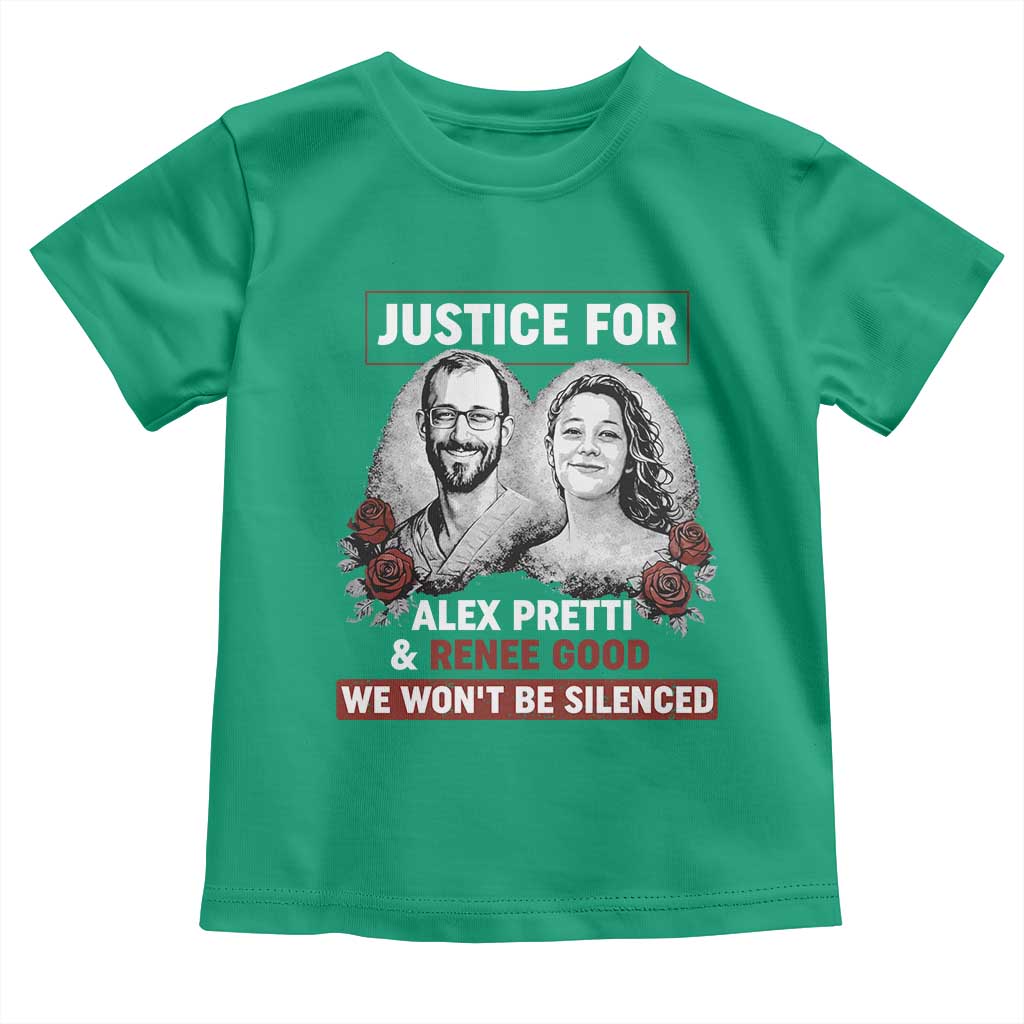 Justice for Alex Pretti and Renee Good Toddler T Shirt We Won’t Be Silenced Minnesota Resistance Protest TS02 Irish Green Print Your Wear