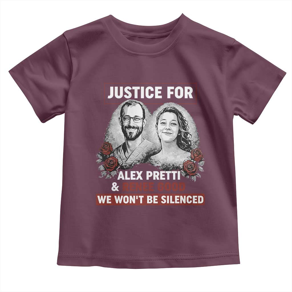Justice for Alex Pretti and Renee Good Toddler T Shirt We Won’t Be Silenced Minnesota Resistance Protest TS02 Maroon Print Your Wear