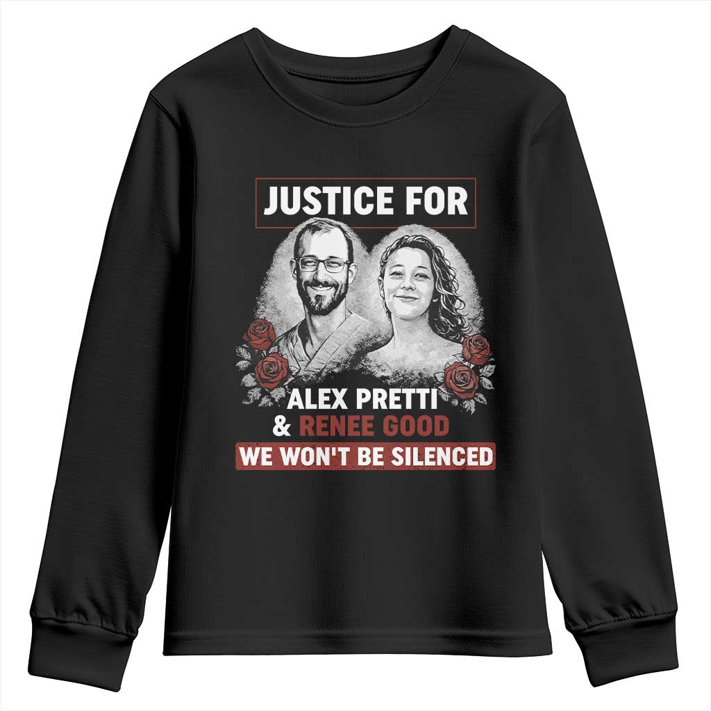 Justice for Alex Pretti and Renee Good Youth Sweatshirt We Won’t Be Silenced Minnesota Resistance Protest TS02 Black Print Your Wear