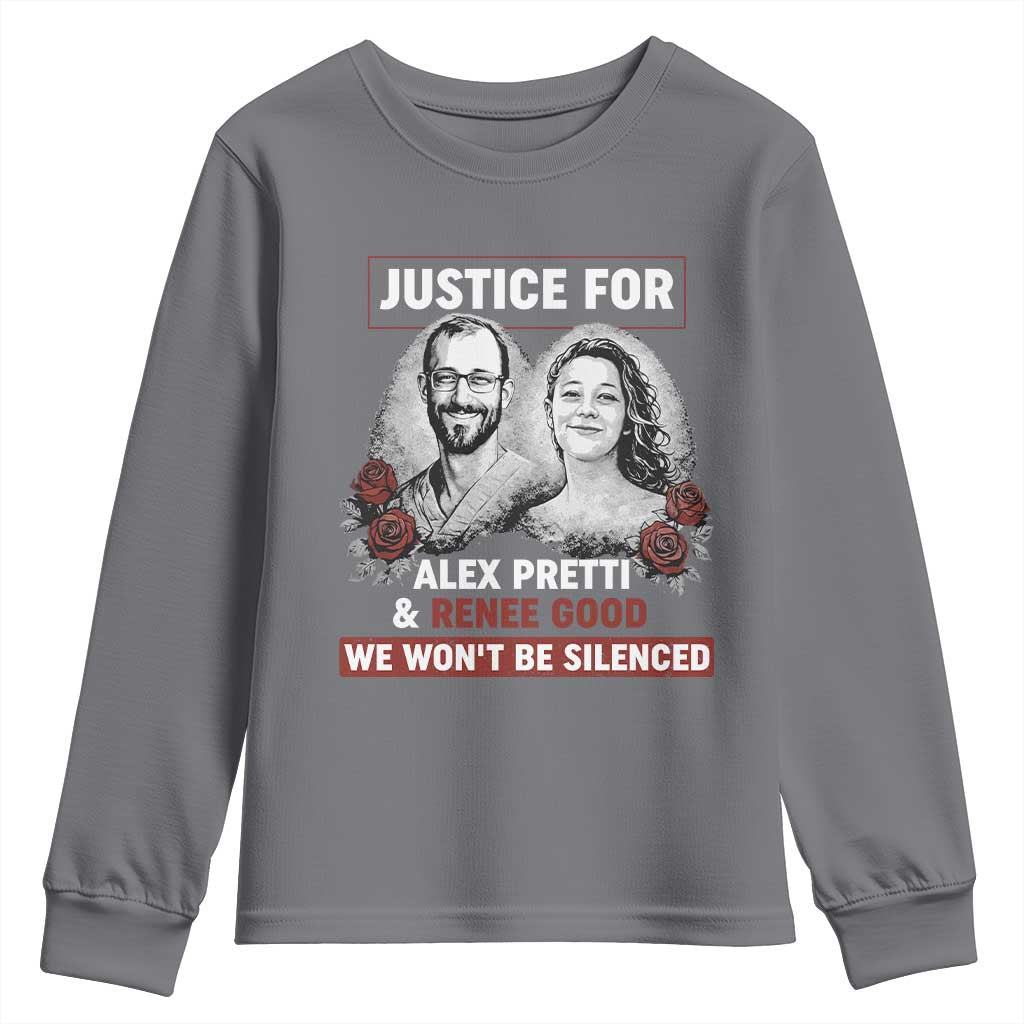 Justice for Alex Pretti and Renee Good Youth Sweatshirt We Won’t Be Silenced Minnesota Resistance Protest TS02 Charcoal Print Your Wear