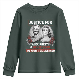 Justice for Alex Pretti and Renee Good Youth Sweatshirt We Won’t Be Silenced Minnesota Resistance Protest TS02 Dark Forest Green Print Your Wear
