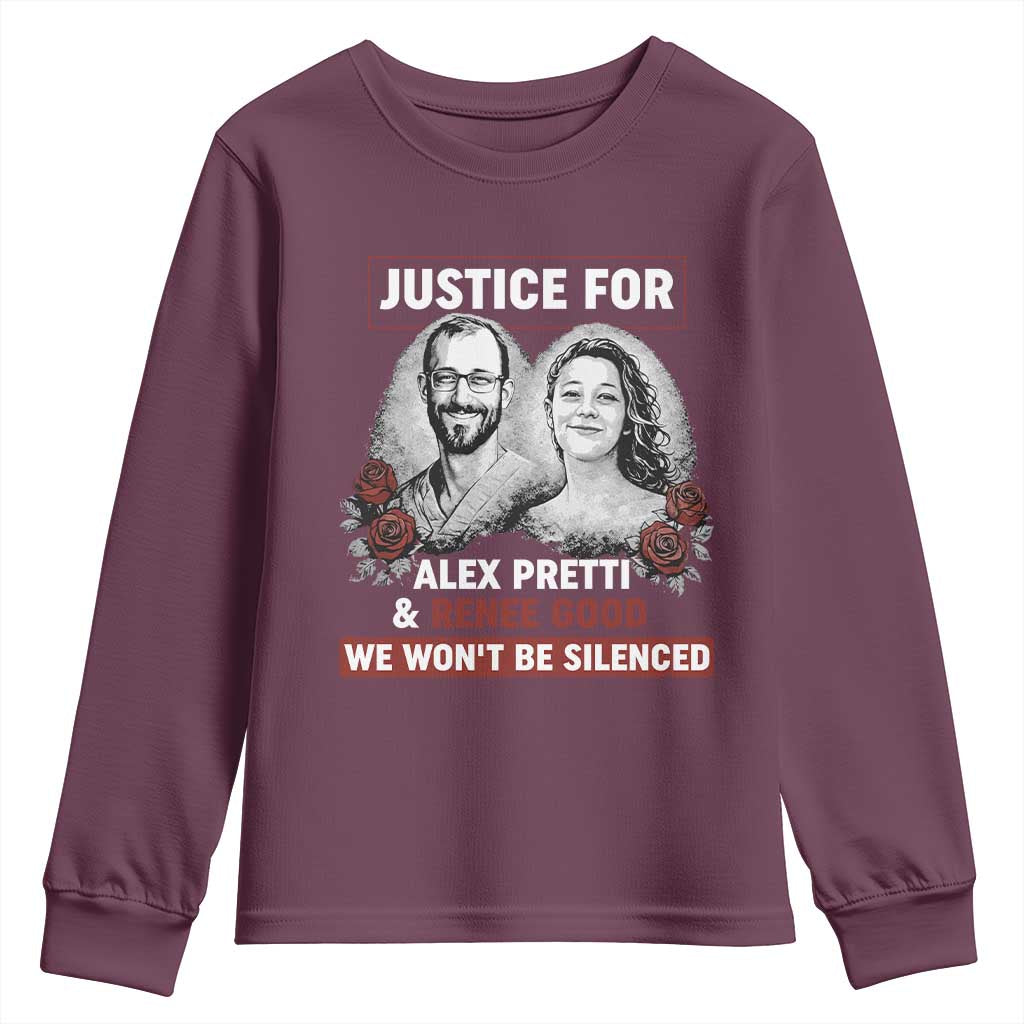 Justice for Alex Pretti and Renee Good Youth Sweatshirt We Won’t Be Silenced Minnesota Resistance Protest TS02 Maroon Print Your Wear