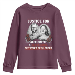 Justice for Alex Pretti and Renee Good Youth Sweatshirt We Won’t Be Silenced Minnesota Resistance Protest TS02 Maroon Print Your Wear