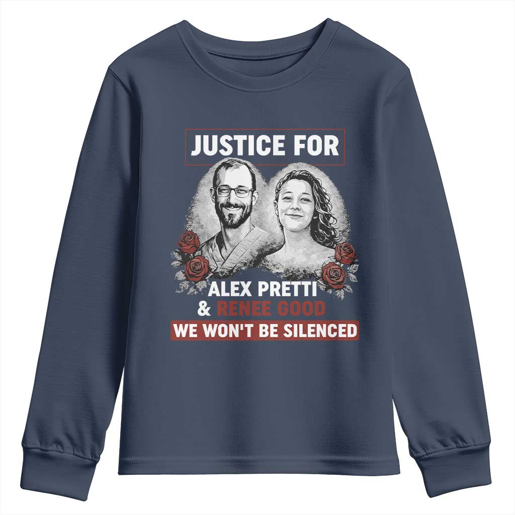 Justice for Alex Pretti and Renee Good Youth Sweatshirt We Won’t Be Silenced Minnesota Resistance Protest TS02 Navy Print Your Wear