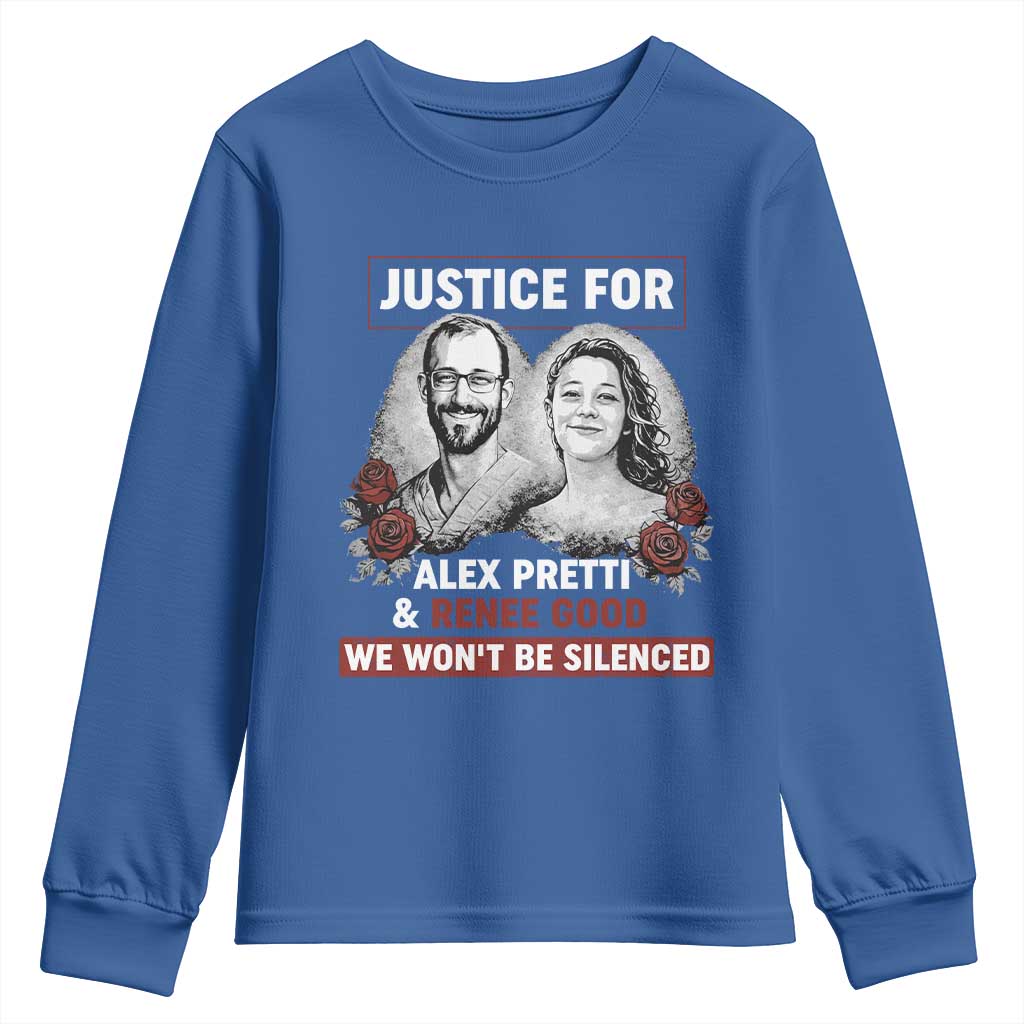 Justice for Alex Pretti and Renee Good Youth Sweatshirt We Won’t Be Silenced Minnesota Resistance Protest TS02 Royal Blue Print Your Wear