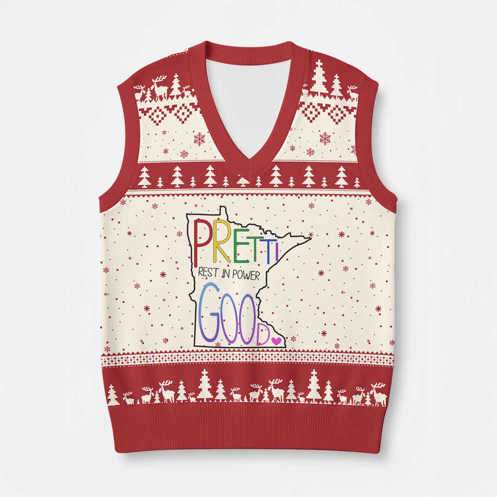 Pretti Good Minnesota Tribute V-Neck Knit Sweater Vest Rest in Power Rainbow Memorial TS02 Beige Red Print Your Wear