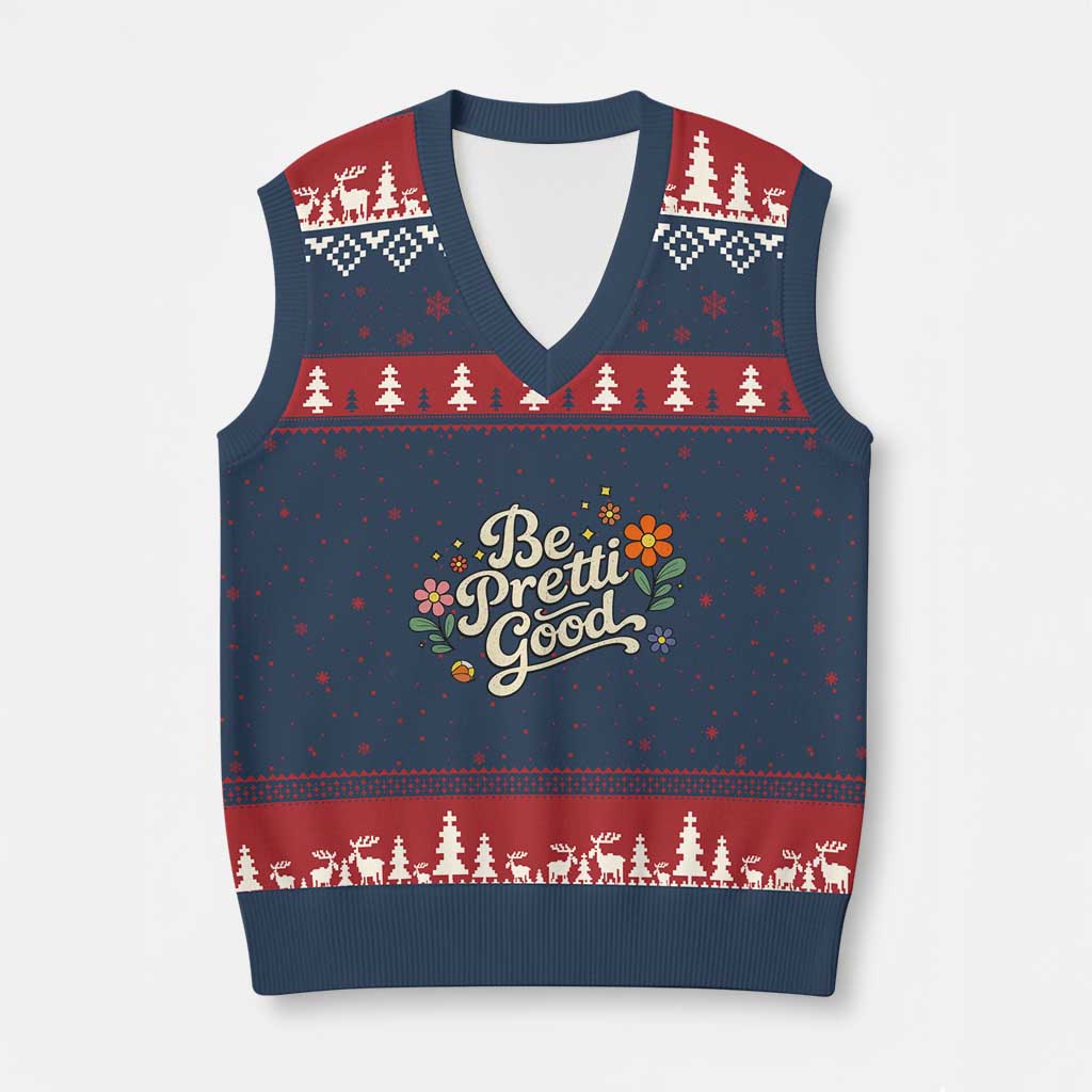 Be Pretti Good Floral V-Neck Knit Sweater Vest Retro Empowerment Statement TS02 Navy Red Print Your Wear