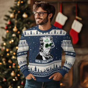 Funny St Patrick's Day Ben Dranking Ugly Christmas Sweater Benjamin Franklin Retro Saint Paddy's Day TS02 Navy Beige Print Your Wear