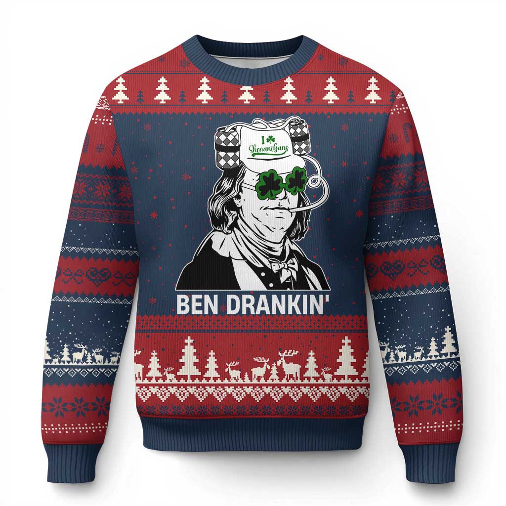 Funny St Patrick's Day Ben Dranking Ugly Christmas Sweater Benjamin Franklin Retro Saint Paddy's Day TS02 Navy Red Print Your Wear