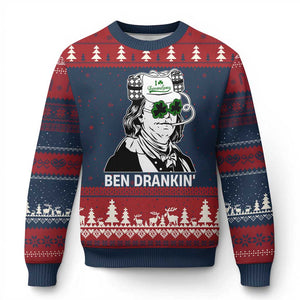 Funny St Patrick's Day Ben Dranking Ugly Christmas Sweater Benjamin Franklin Retro Saint Paddy's Day TS02 Navy Red Print Your Wear