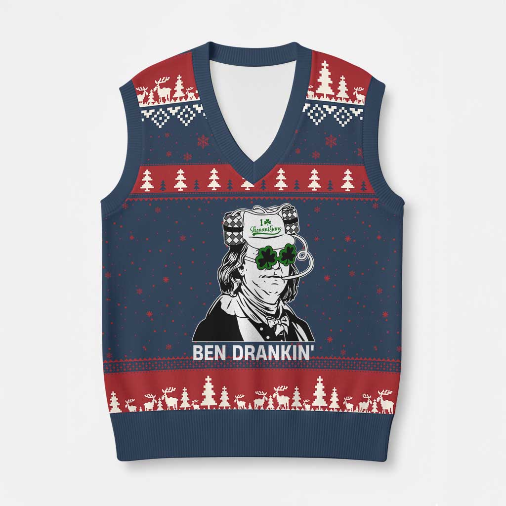 Funny St Patrick's Day Ben Dranking V-Neck Knit Sweater Vest Benjamin Franklin Retro Saint Paddy's Day TS02 Navy Red Print Your Wear