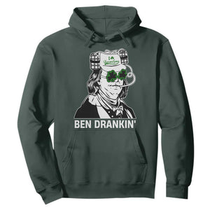 Funny St Patrick's Day Ben Dranking Hoodie Benjamin Franklin Retro Saint Paddy's Day TS02 Dark Forest Green Print Your Wear