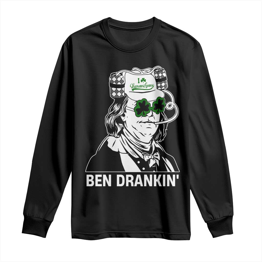 Funny St Patrick's Day Ben Dranking Long Sleeve Shirt Benjamin Franklin Retro Saint Paddy's Day TS02 Black Print Your Wear