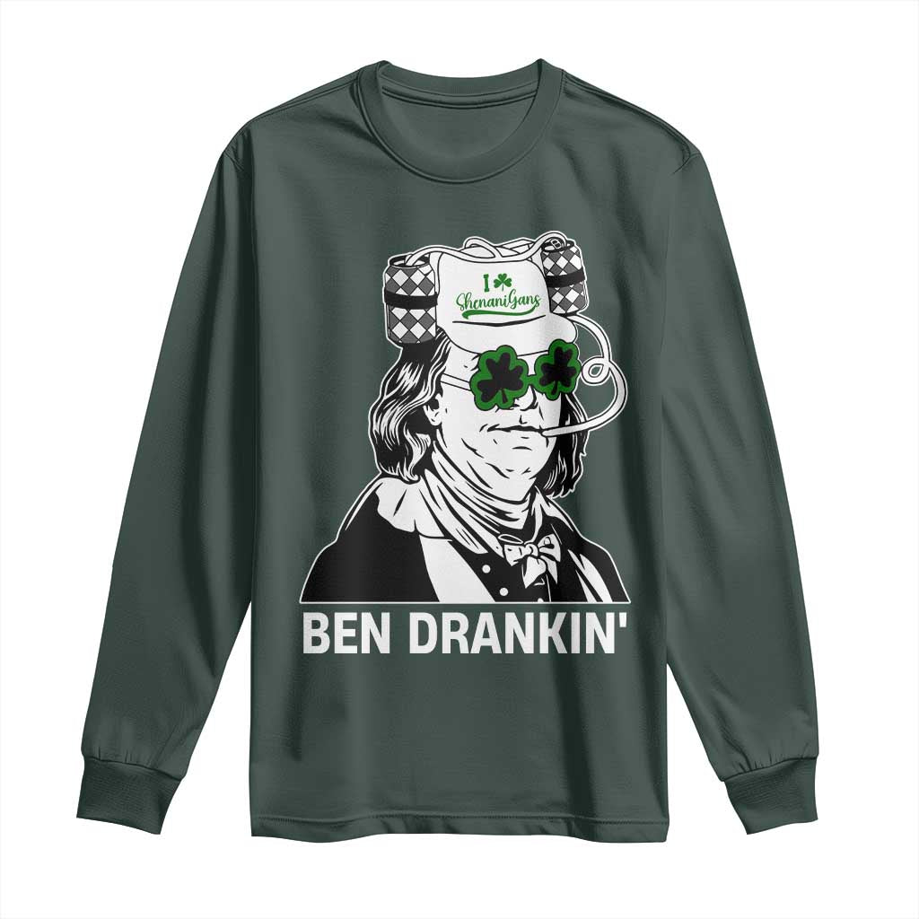 Funny St Patrick's Day Ben Dranking Long Sleeve Shirt Benjamin Franklin Retro Saint Paddy's Day TS02 Dark Forest Green Print Your Wear