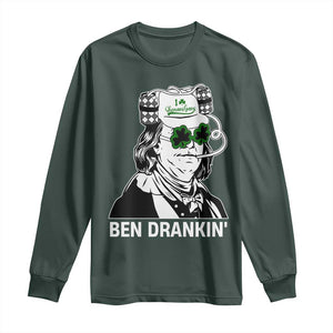 Funny St Patrick's Day Ben Dranking Long Sleeve Shirt Benjamin Franklin Retro Saint Paddy's Day TS02 Dark Forest Green Print Your Wear