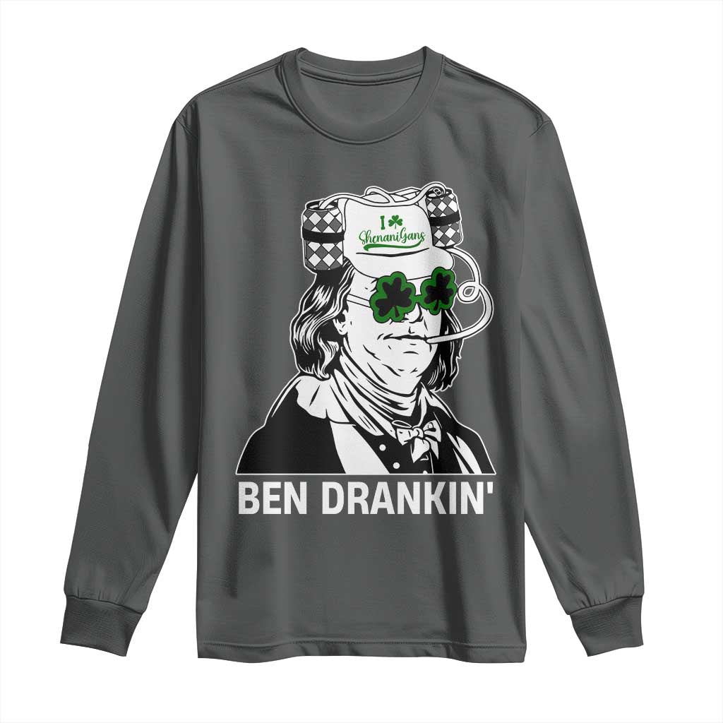 Funny St Patrick's Day Ben Dranking Long Sleeve Shirt Benjamin Franklin Retro Saint Paddy's Day TS02 Dark Heather Print Your Wear