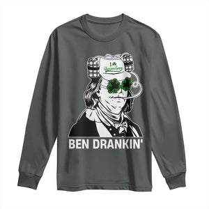 Funny St Patrick's Day Ben Dranking Long Sleeve Shirt Benjamin Franklin Retro Saint Paddy's Day TS02 Dark Heather Print Your Wear