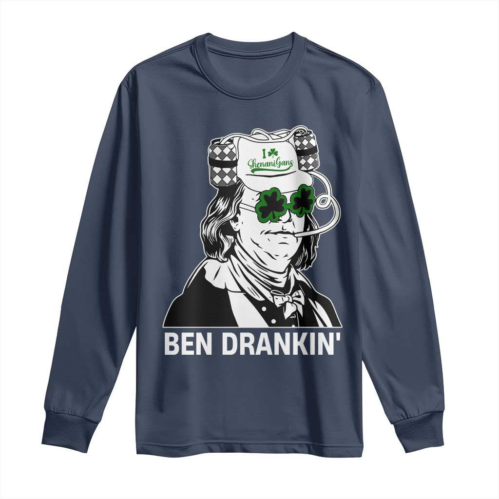 Funny St Patrick's Day Ben Dranking Long Sleeve Shirt Benjamin Franklin Retro Saint Paddy's Day TS02 Navy Print Your Wear