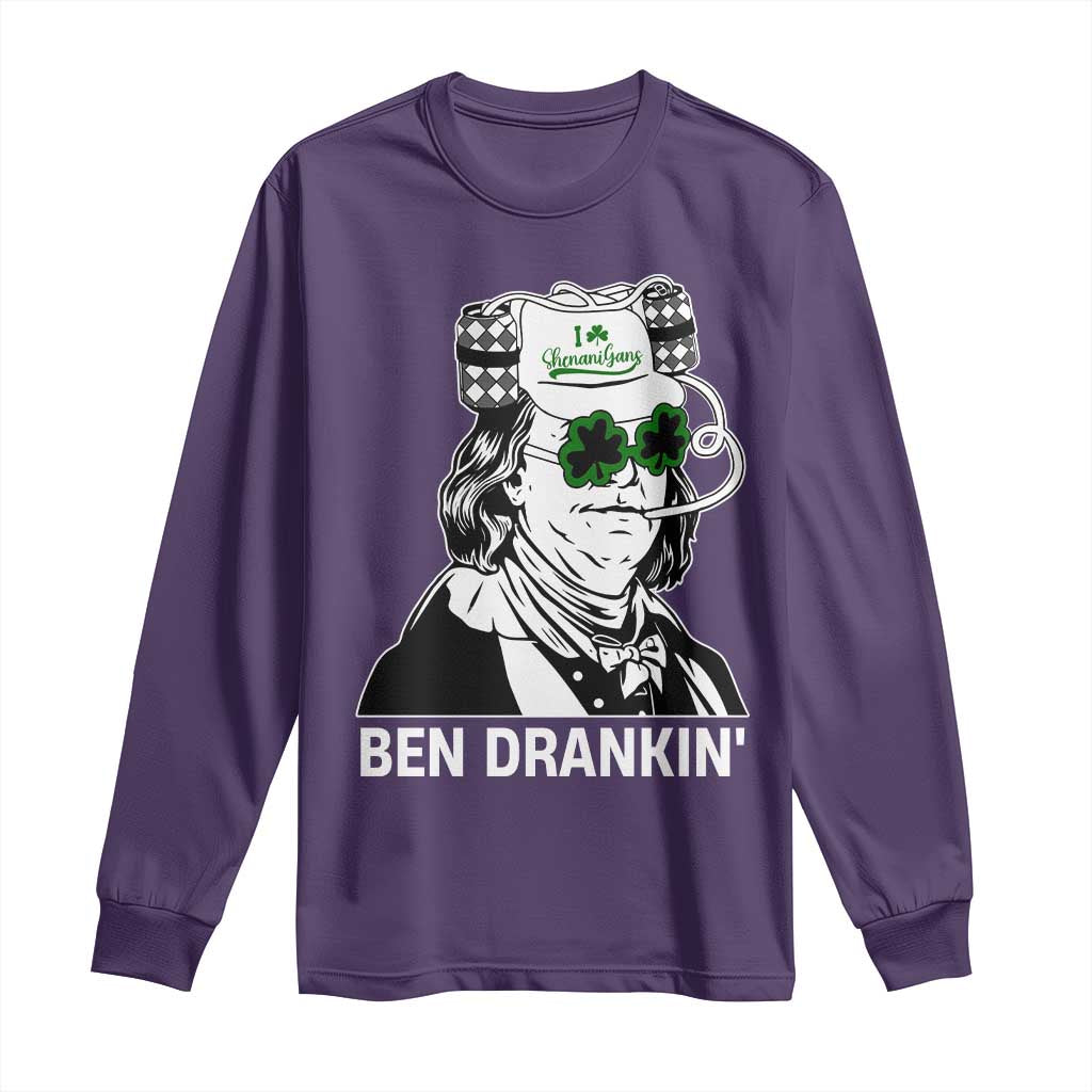 Funny St Patrick's Day Ben Dranking Long Sleeve Shirt Benjamin Franklin Retro Saint Paddy's Day TS02 Purple Print Your Wear