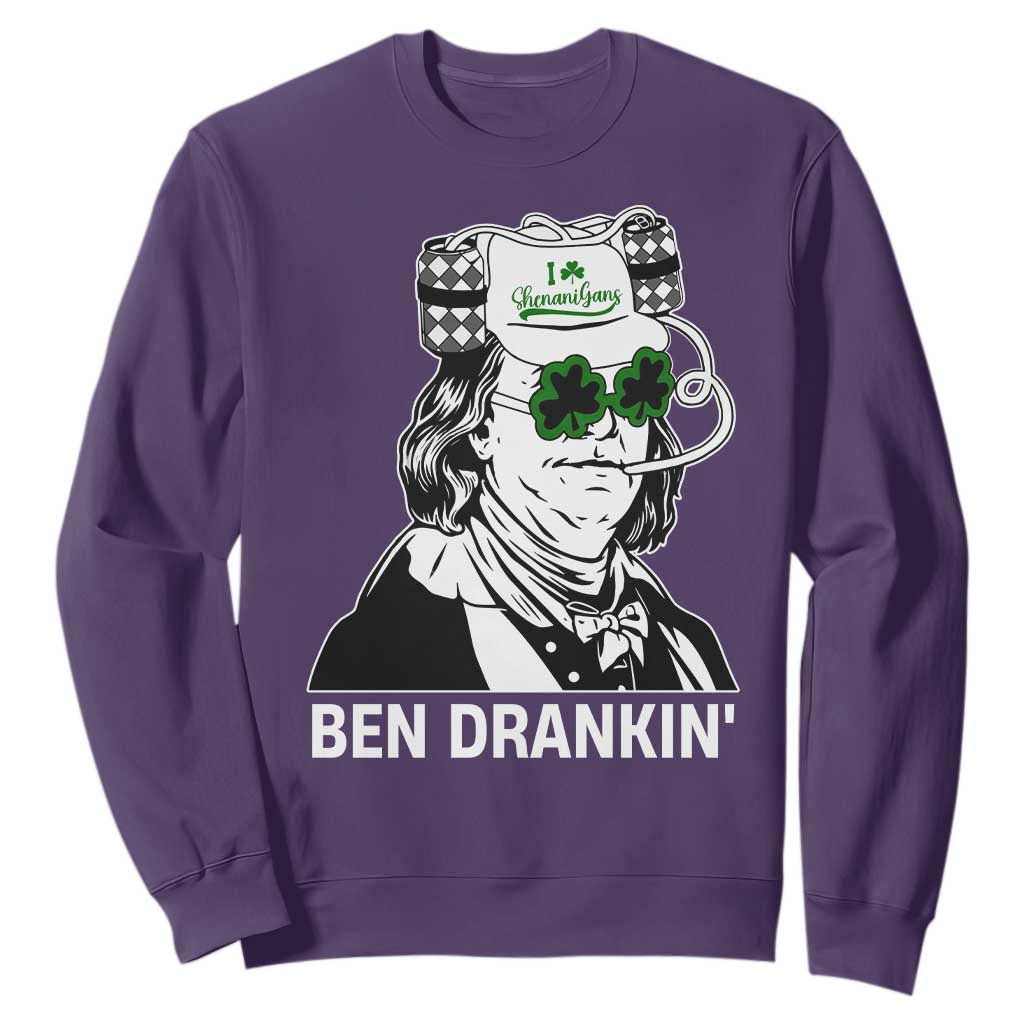 Funny St Patrick's Day Ben Dranking Sweatshirt Benjamin Franklin Retro Saint Paddy's Day TS02 Purple Print Your Wear
