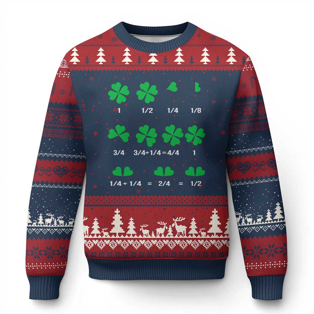 Funny Shamrock Fraction Ugly Christmas Sweater St Patrick's Day Math Lover TS02 Navy Red Print Your Wear