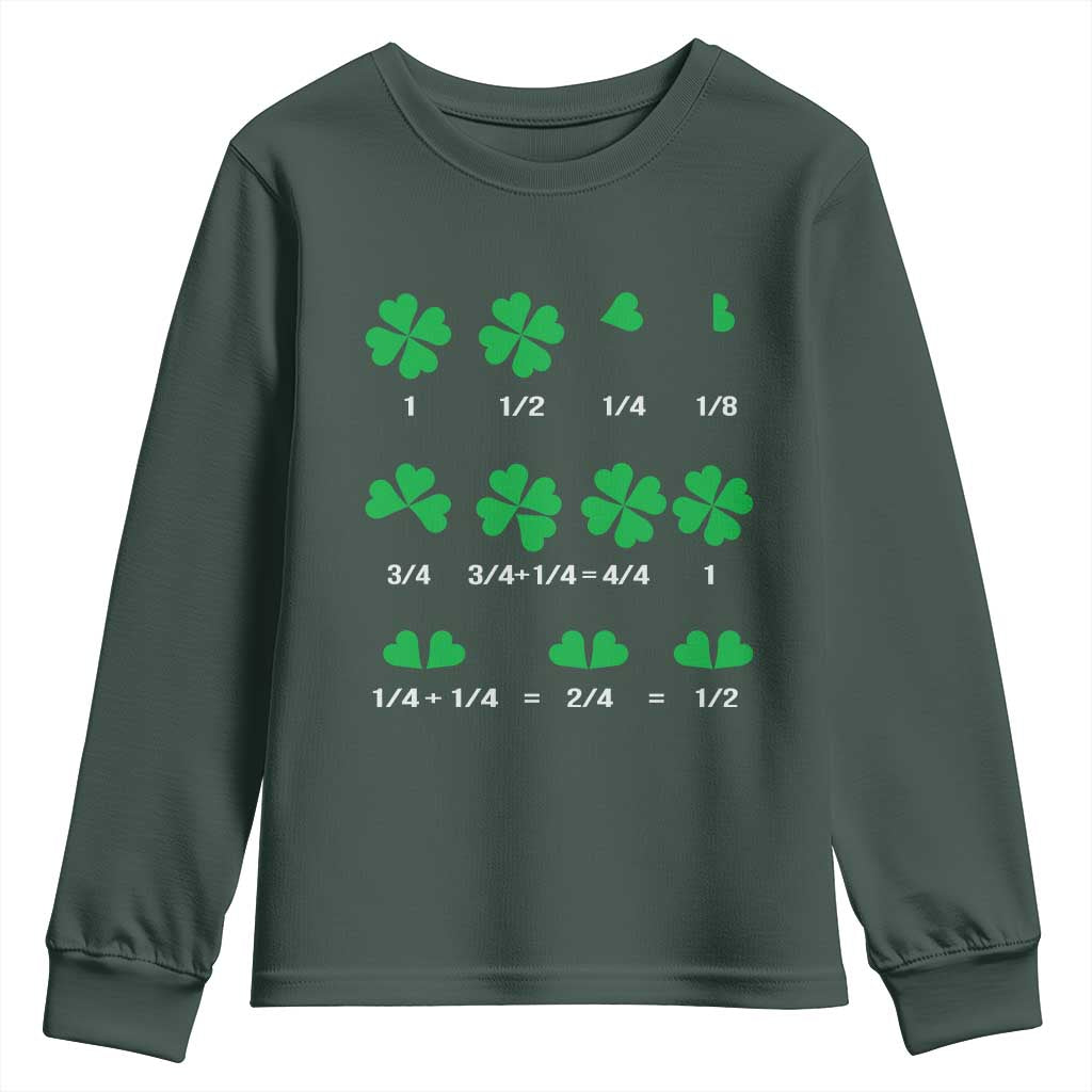 Funny Shamrock Fraction Youth Sweatshirt St Patrick's Day Math Lover TS02 Dark Forest Green Print Your Wear