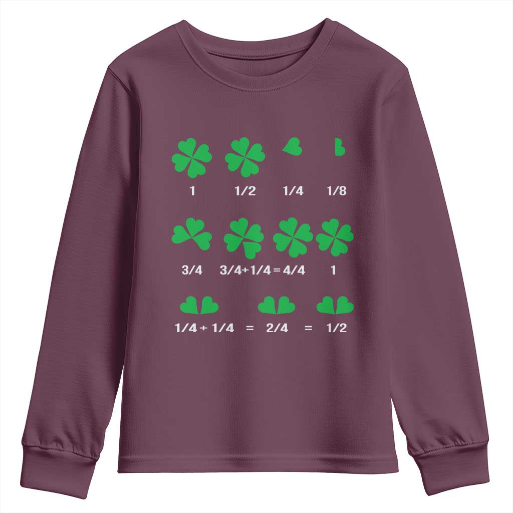 Funny Shamrock Fraction Youth Sweatshirt St Patrick's Day Math Lover TS02 Maroon Print Your Wear