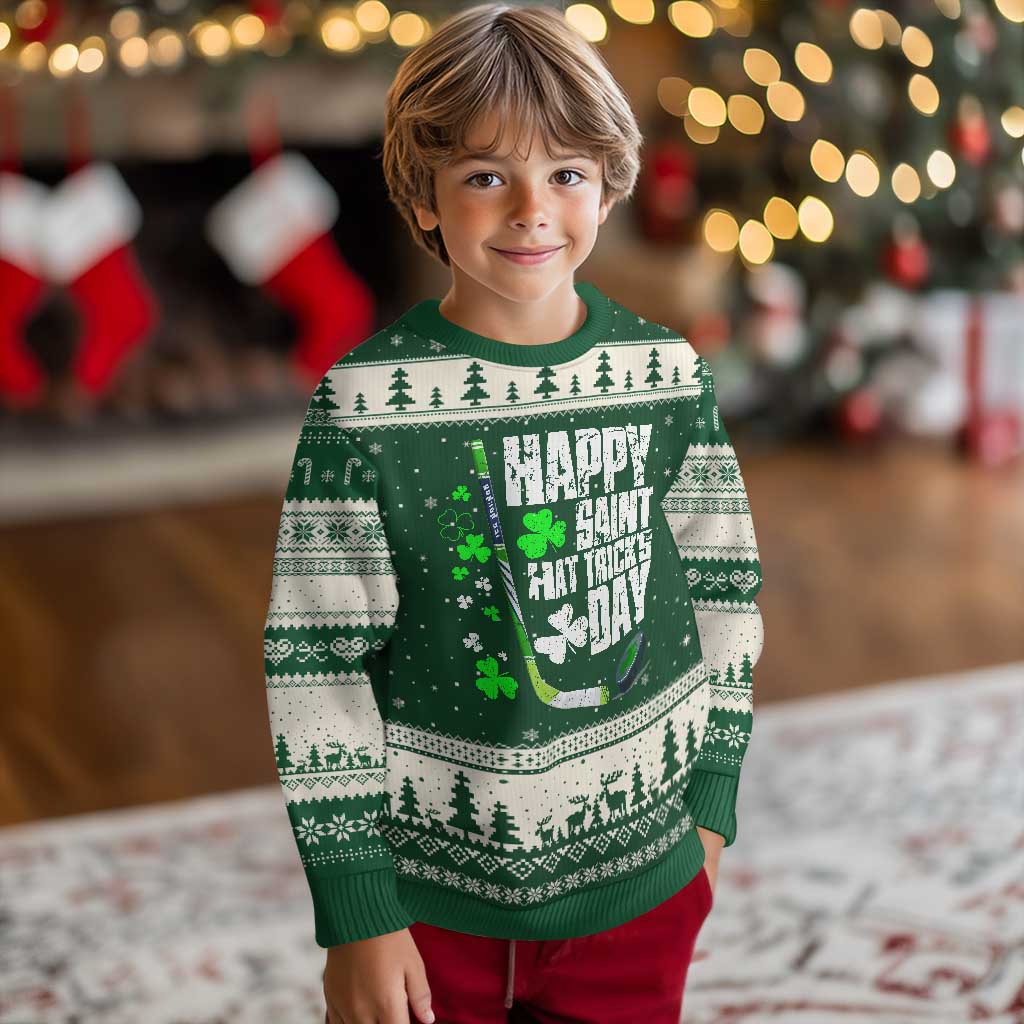 St. Patrick's Day Ice Hockey Ugly Christmas Sweater Happy Saint Hat Trick's Lucky Shamrocks TS02 Forest Green Beige Print Your Wear