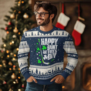 St. Patrick's Day Ice Hockey Ugly Christmas Sweater Happy Saint Hat Trick's Lucky Shamrocks TS02 Navy Beige Print Your Wear