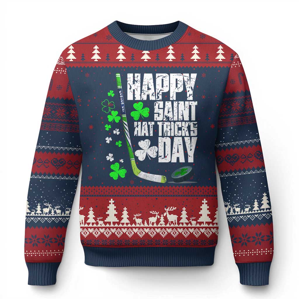St. Patrick's Day Ice Hockey Ugly Christmas Sweater Happy Saint Hat Trick's Lucky Shamrocks TS02 Navy Red Print Your Wear