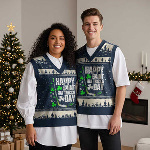St. Patrick's Day Ice Hockey V-Neck Knit Sweater Vest Happy Saint Hat Trick's Lucky Shamrocks TS02 Navy Beige Print Your Wear