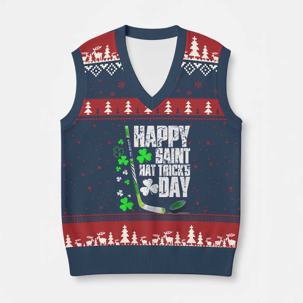 St. Patrick's Day Ice Hockey V-Neck Knit Sweater Vest Happy Saint Hat Trick's Lucky Shamrocks TS02 Navy Red Print Your Wear
