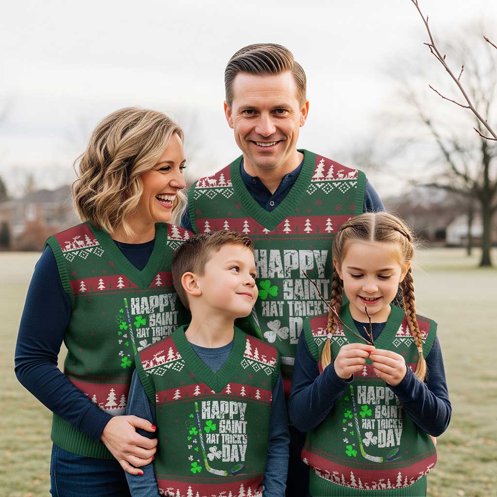 St. Patrick's Day Ice Hockey V-Neck Knit Sweater Vest Happy Saint Hat Trick's Lucky Shamrocks TS02 Red Green Print Your Wear